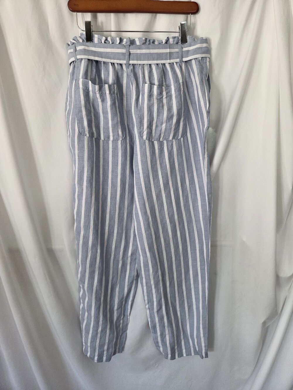 LOFT Blue/White Striped Cropped Pants Linen Blend Waist Tie NWT Size M - Picture 3 of 10